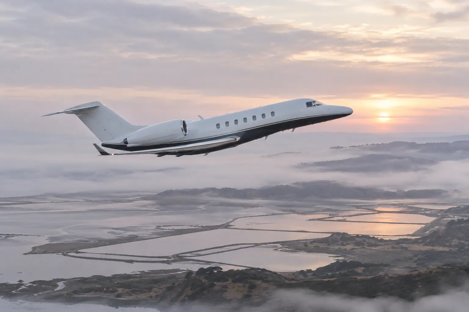 Private jet climbing out over San Francisco