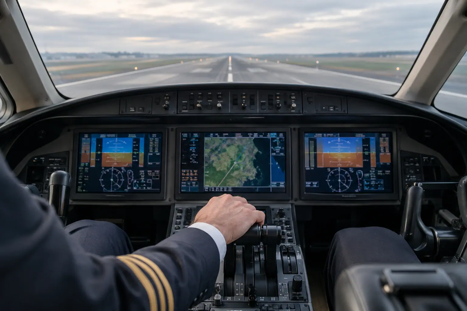 Business jet cockpit before departure